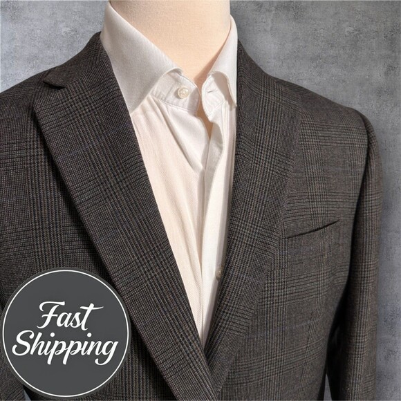 RALPH LAUREN Mens Blazer 42R Sport Coat Two Button Jacket Wool Brown Windowpane - Picture 1 of 14